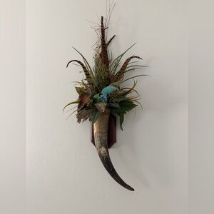 Western Decor Floral & Pheasant Feathers Horn Wall Hanging